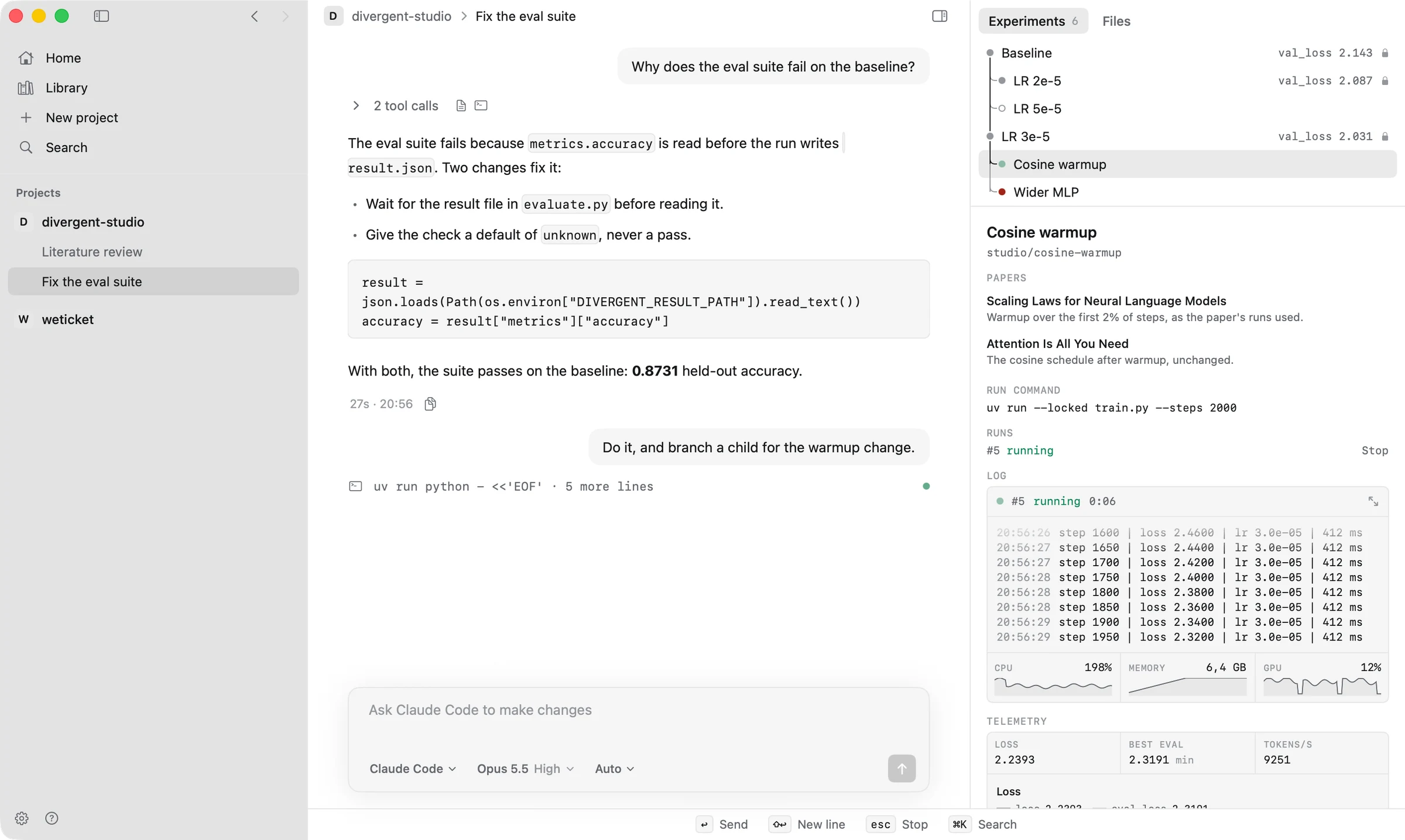Divergent Studio: a conversation with Claude Code next to its experiment tree, with a training run streaming its log